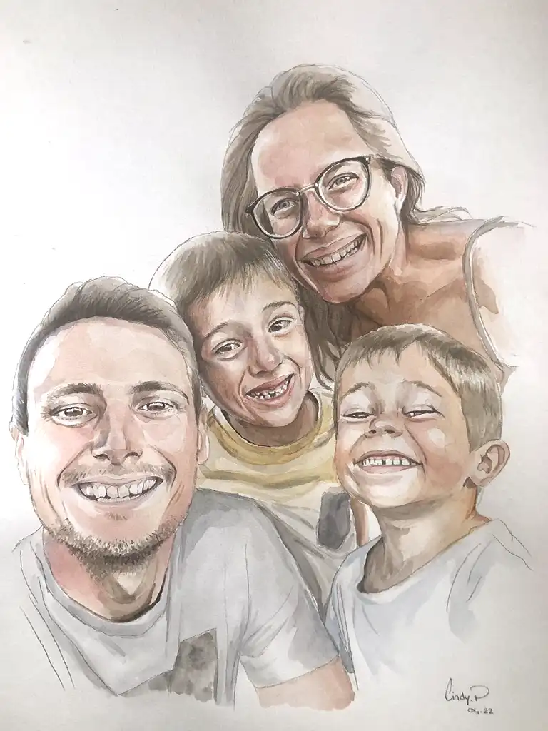 Emeline et sa famille réalisés à l'aquarelle sur un format A3