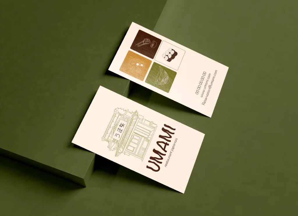 mise en situation des cartes de visite pour le restaurant Umami