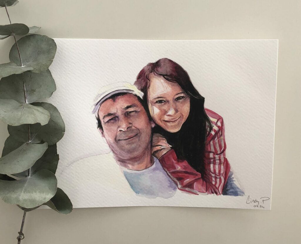 portrait aquarelle d'un père et sa fille