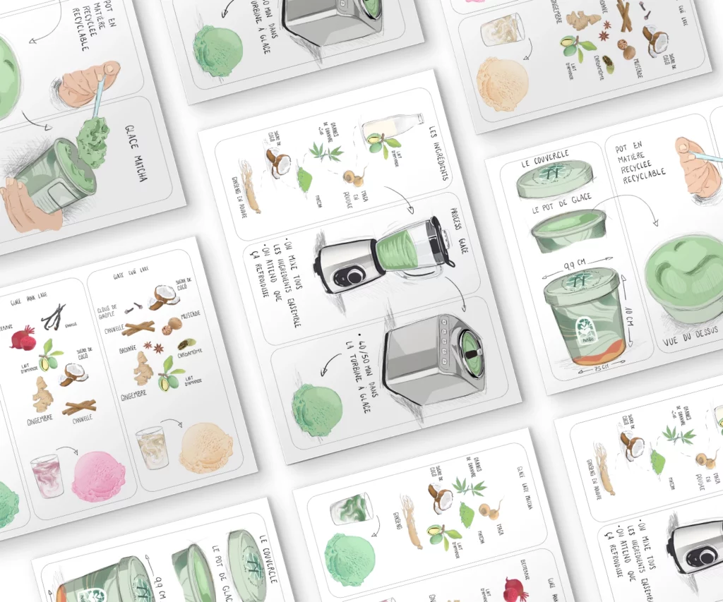 planche explicative pour illustré les recettes, le packaging, et la dégustation de la glace.